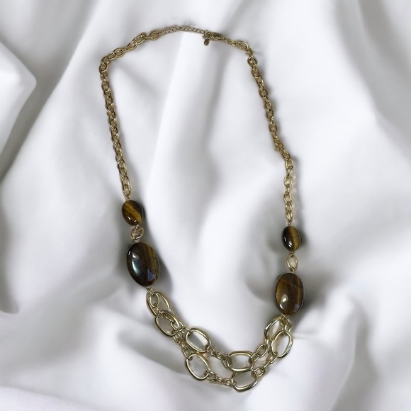 Etienne Aigner Tigers Eye Gold Tone Multi-Strand Chain Link Necklace - Picture 2 of 5